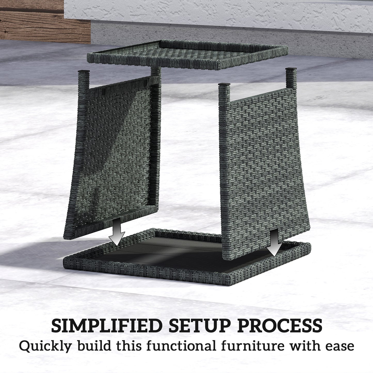 17.7" Wicker Side Table with Storage Shelf, Square PE Rattan Outdoor End Table with PS Wood Slat Top, Grey