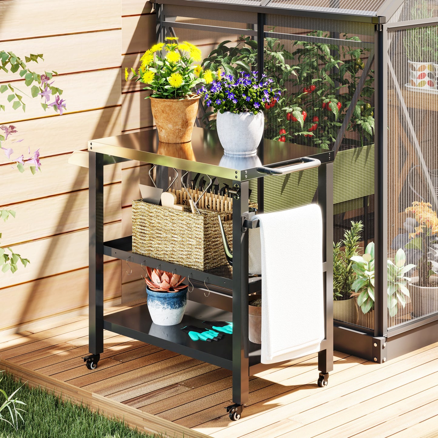 Outdoor Kitchen Bar Cart BBQ Table with Wheels, Stainless Steel Pizza Oven Stand, Movable Prep Table with Hooks
