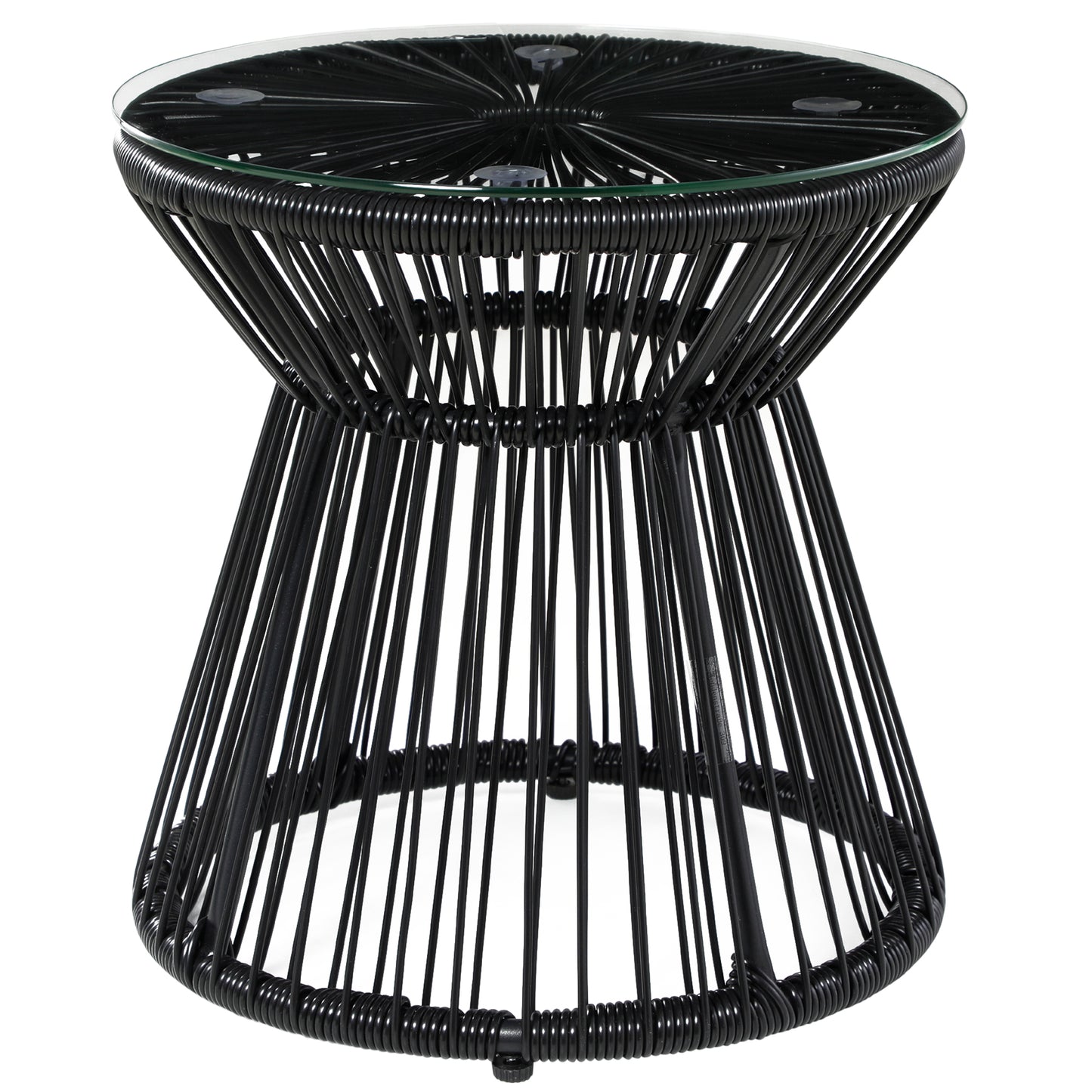 Round End Table, Rattan Side Table, Hollow Drum Design Coffee Table w/ Glass Top for Patio, Garden, Balcony, Dark Grey