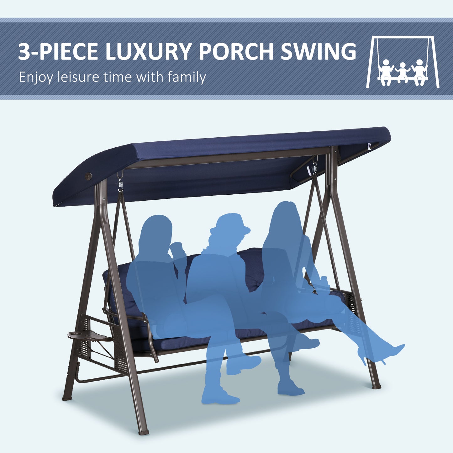 Outdoor Patio 3-Person Steel Canopy Cushioned Seat Bench Swing with Included Side Trays & Padded Comfort, Wine Red