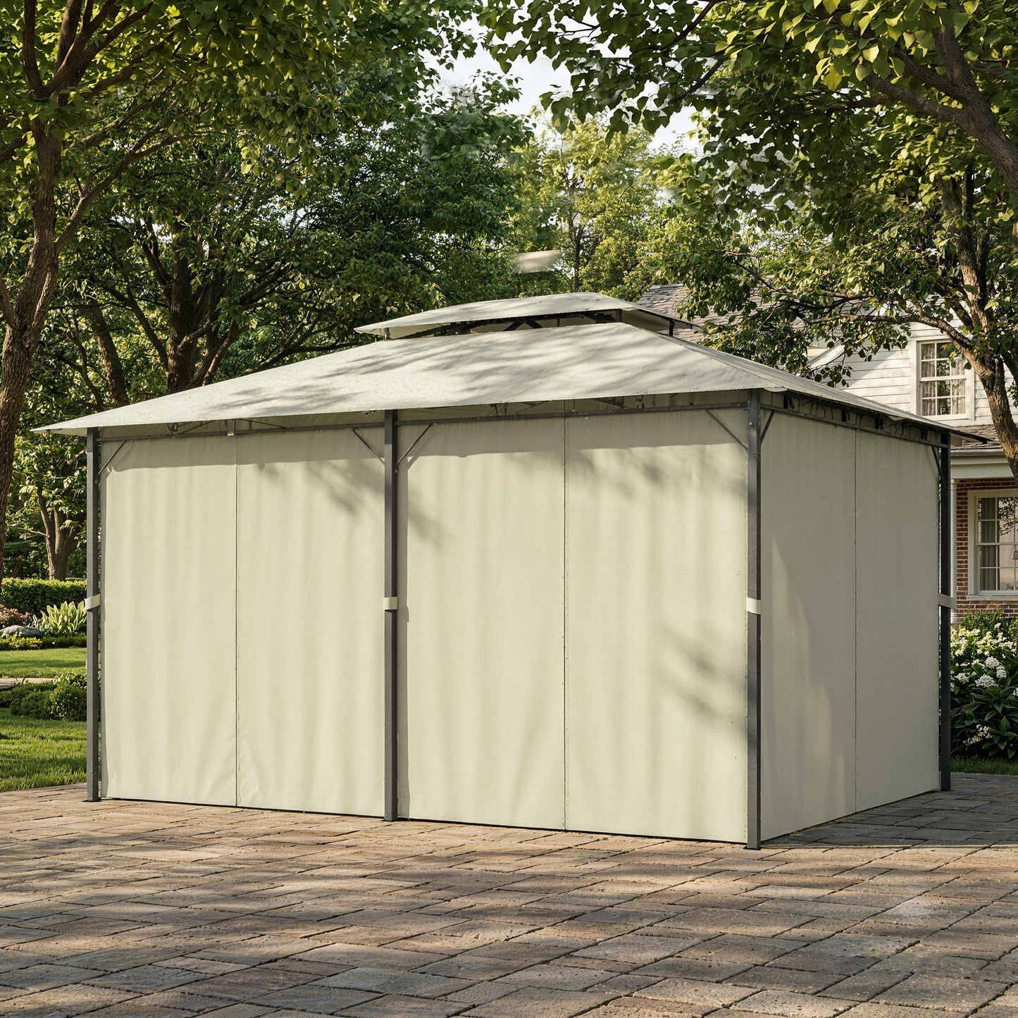 13' x 10' Soft-top Gazebo Patio Steel Canopy Portable Party Event with Double Canopy Roof, Curtains, Cream White