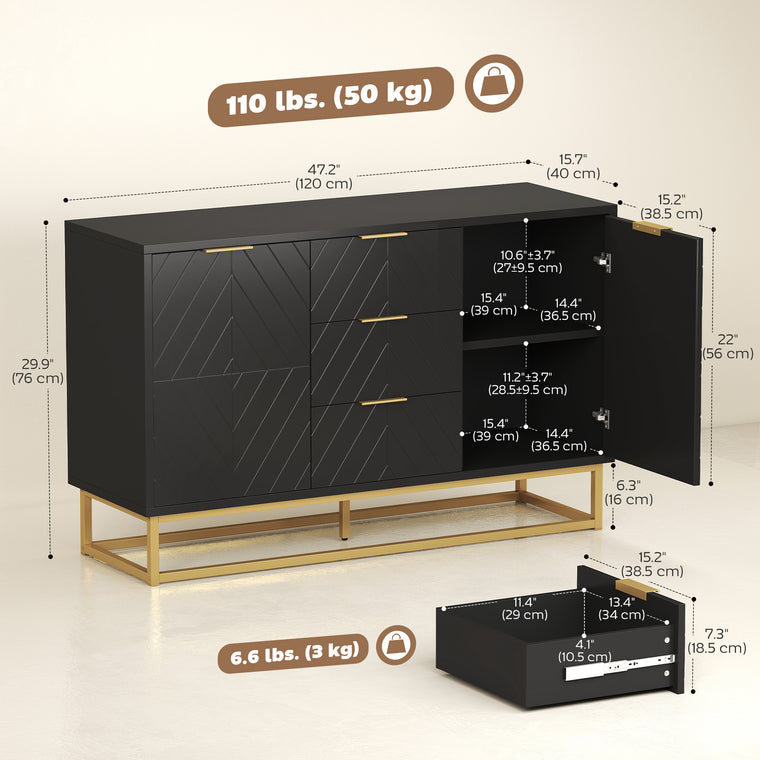 Sideboard Buffet Cabinet with 3 Drawers - Black
