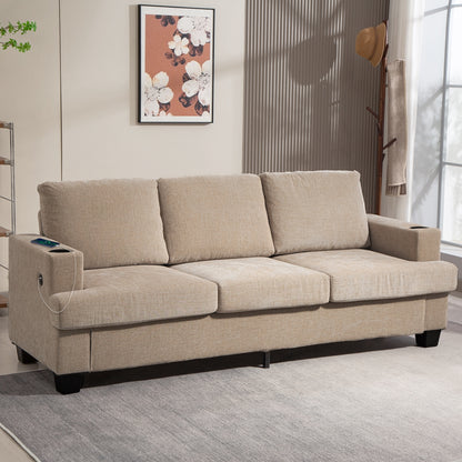 3-Seater Chenille Sofa with USB & Cup Holders