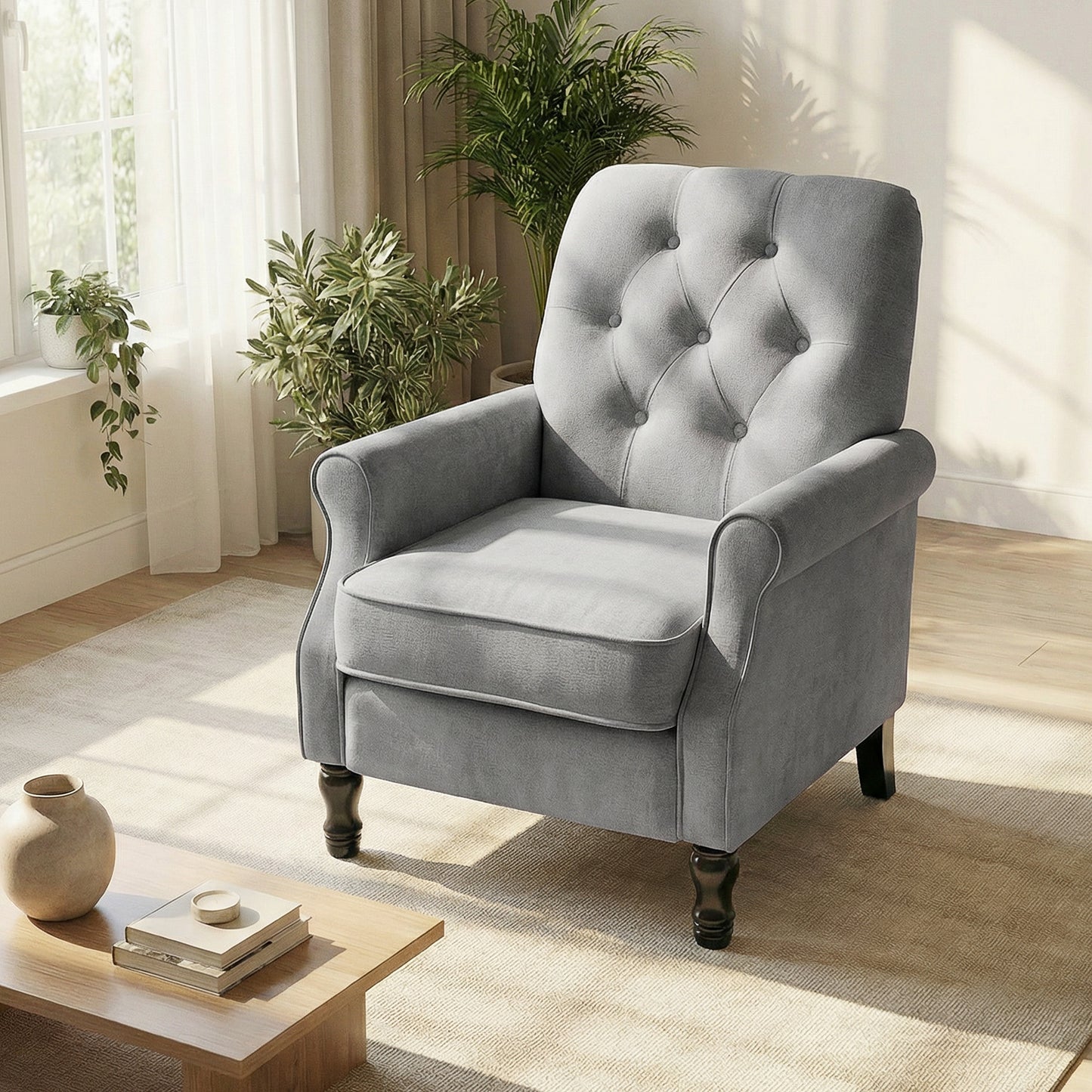 Accent Chair, Mid-Century Modern Armchair with Thick Padded Seat, Spring Cushion, Solid Wood Legs, Grey