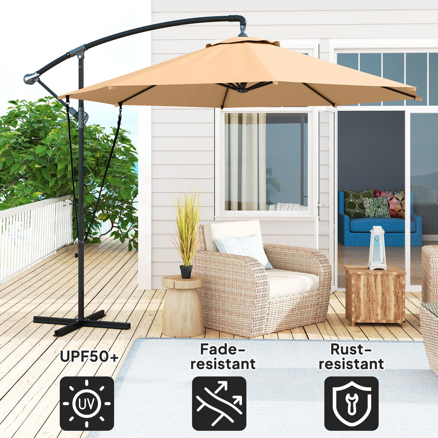 9.5' Khaki Cantilever Umbrella with Wind Protection Strap