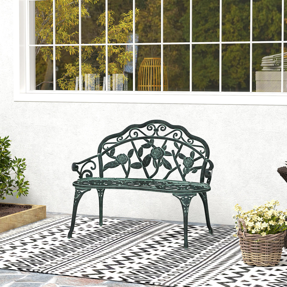 40" Outdoor Garden Bench, Cast Aluminum Antique Rose Style Patio Garden Park Loveseat Bench for Backyard, Porch, Balcony, Lawn, Green