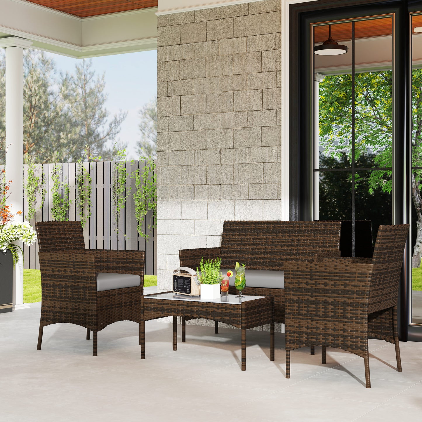 4 Pieces Wicker Outdoor Balcony Furniture Set Rattan Patio Furniture Set with Loveseat Chairs Glass Coffee Table Beige