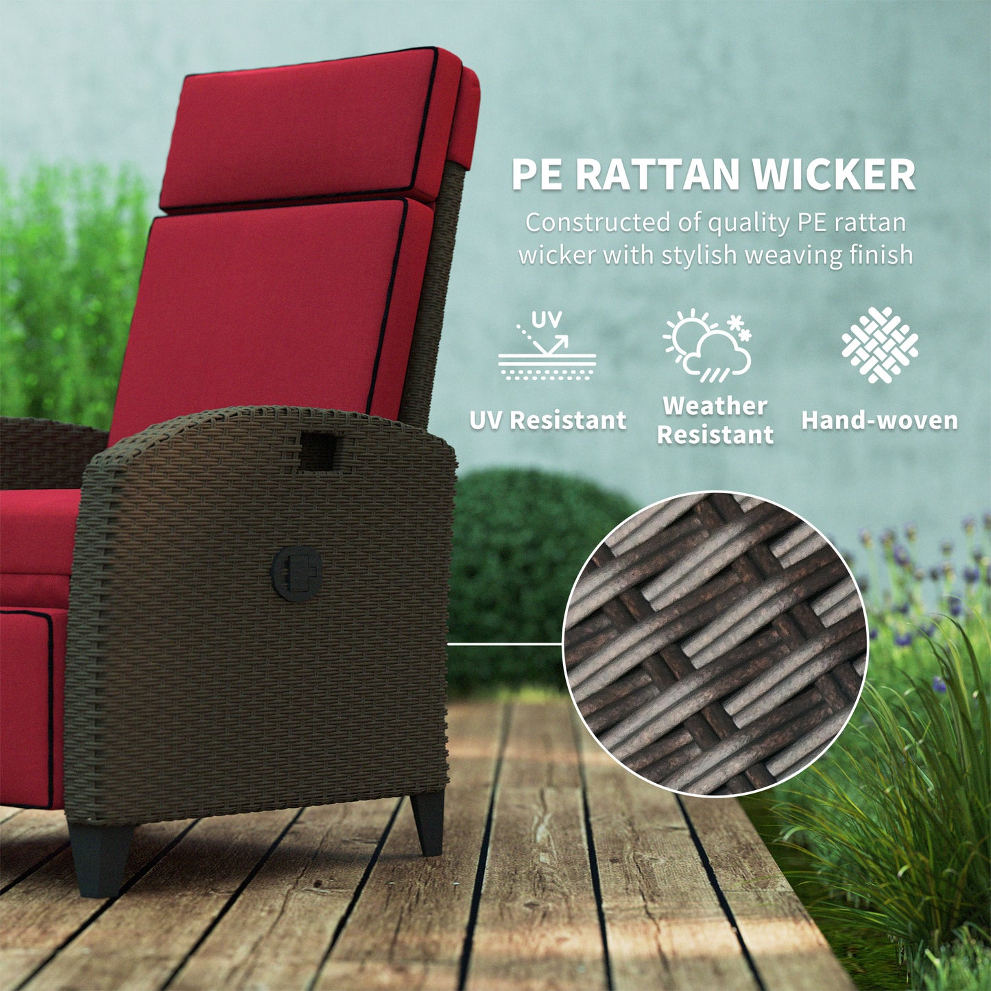 Outdoor Recliner Chair with Adjustable Backrest, Cushion, Side Tray, Black
