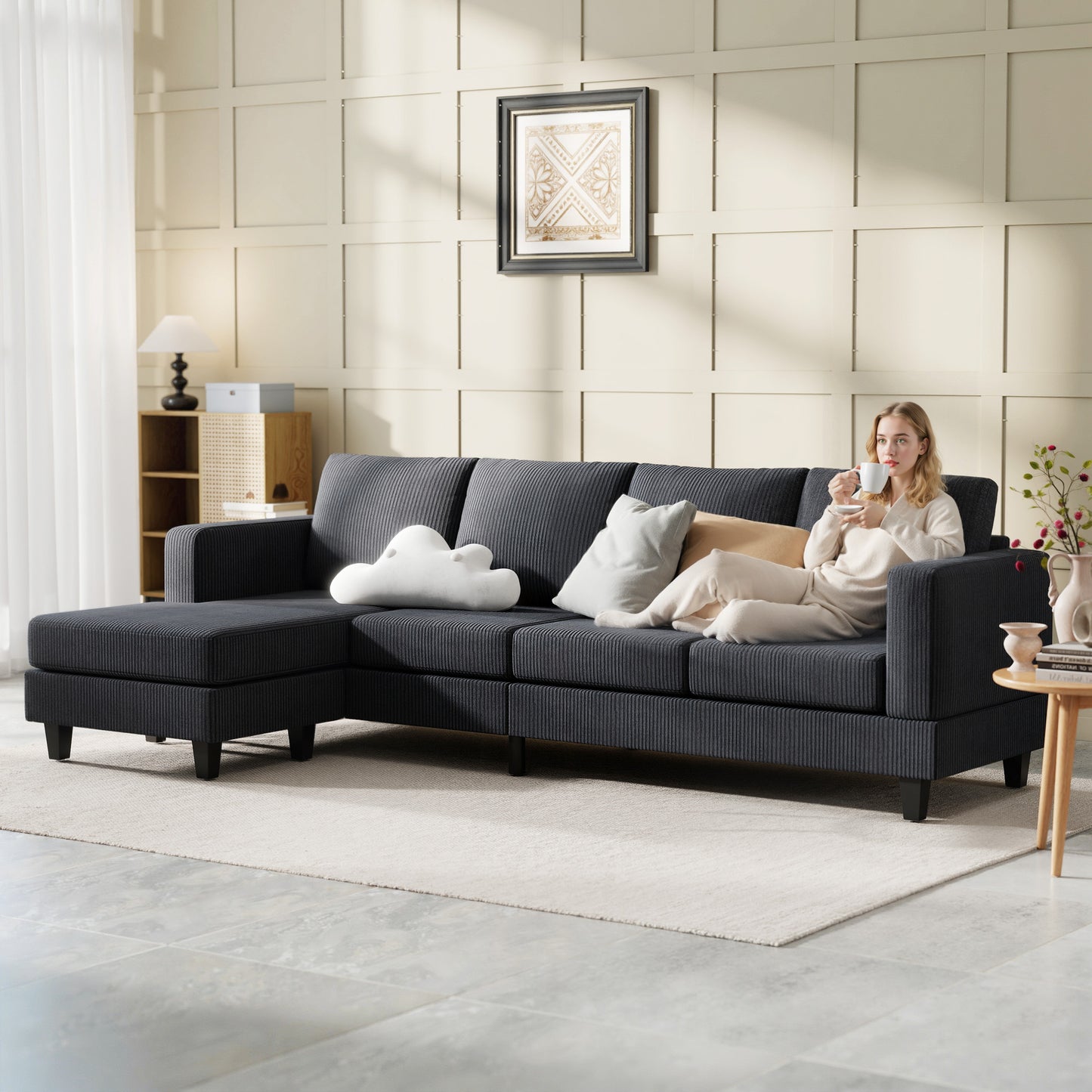 L Shaped Couch, L Shape Sofa with Chaise Lounge and Spring Cushion for Living Room, Bedroom, Charcoal Grey