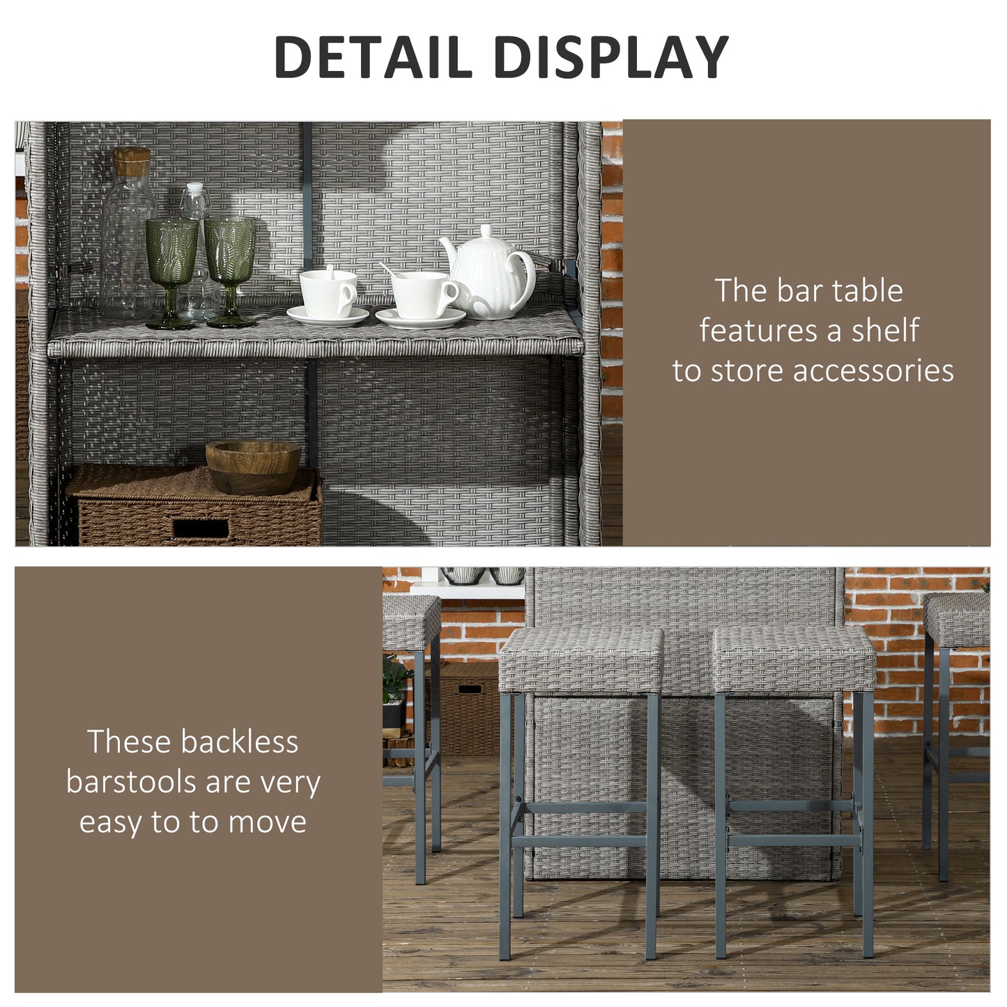 5 Pieces Patio Bar Set, Outdoor PE Rattan Wicker High Top Outdoor Table and Chairs Outdoor Bar Set with Tempered Glass Top Bar Table and Shelves, 4 Bar Chairs, Black