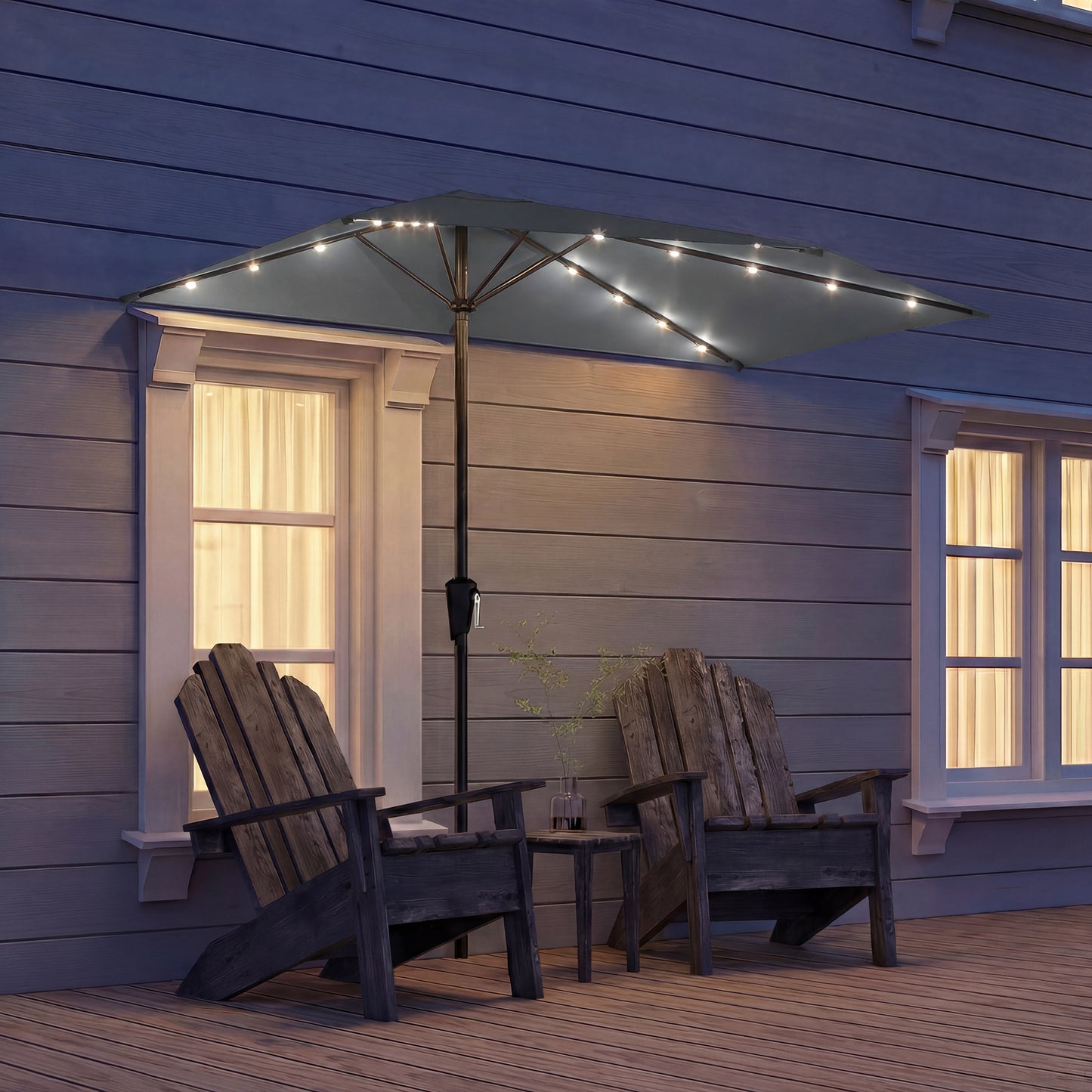 9ft Dark Grey Half Patio Umbrella with Solar LED Lights