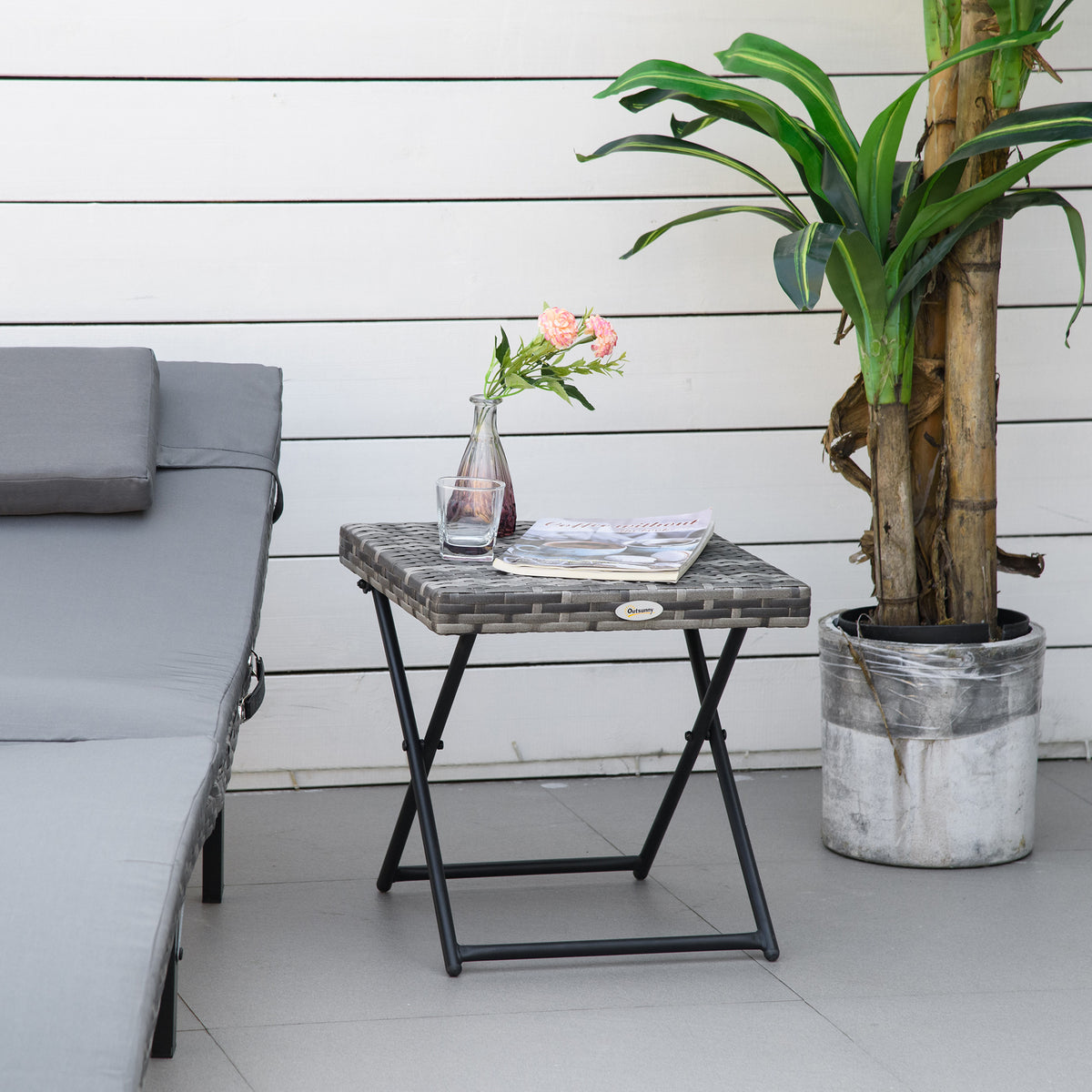 Rattan Coffee Table Folding Patio Outdoor Side Table Wicker for Balcony, Porch, Poolside, 15.75"x15.75"x15.75", Grey