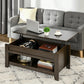 Lift Top Coffee Table with Hidden Storage Compartment and Open Shelves, Lift Tabletop Pop-Up Center Table for Living Room, Dark Walnut