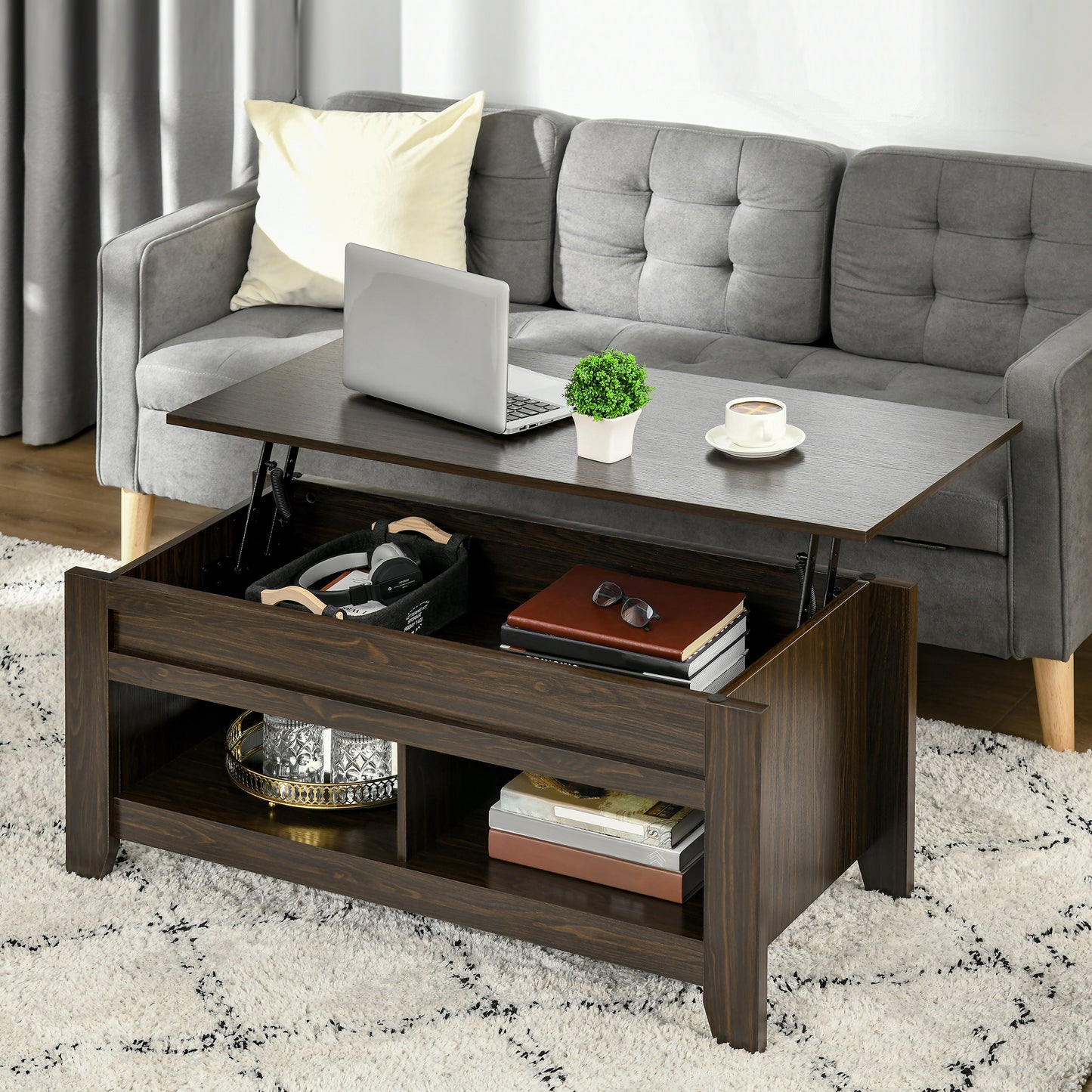 Lift Top Coffee Table with Hidden Storage Compartment and Open Shelves, Lift Tabletop Pop-Up Center Table for Living Room, Dark Walnut
