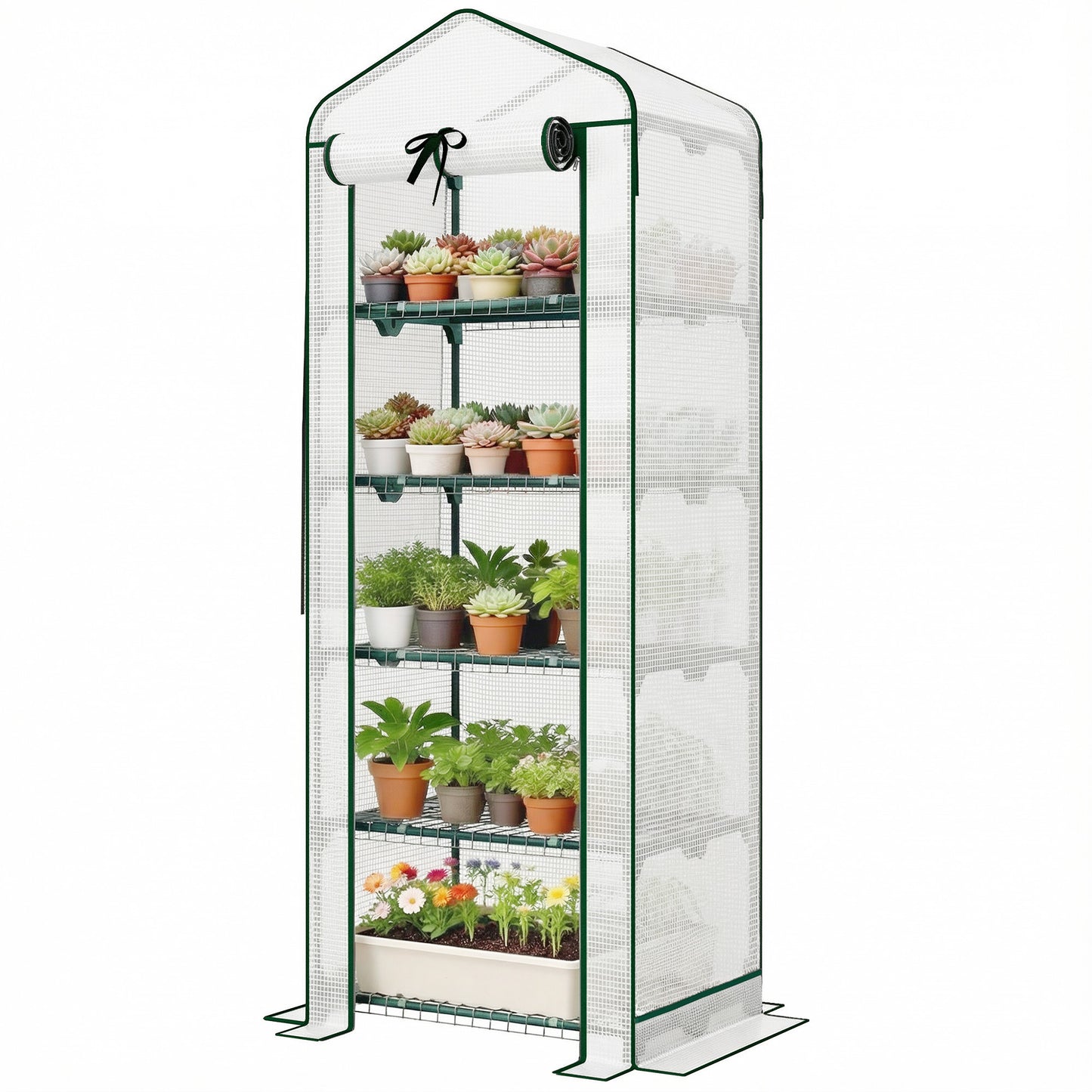 Mini Greenhouse with Screen Roof, Portable Small Greenhouse with Roll-Up Zipper Door