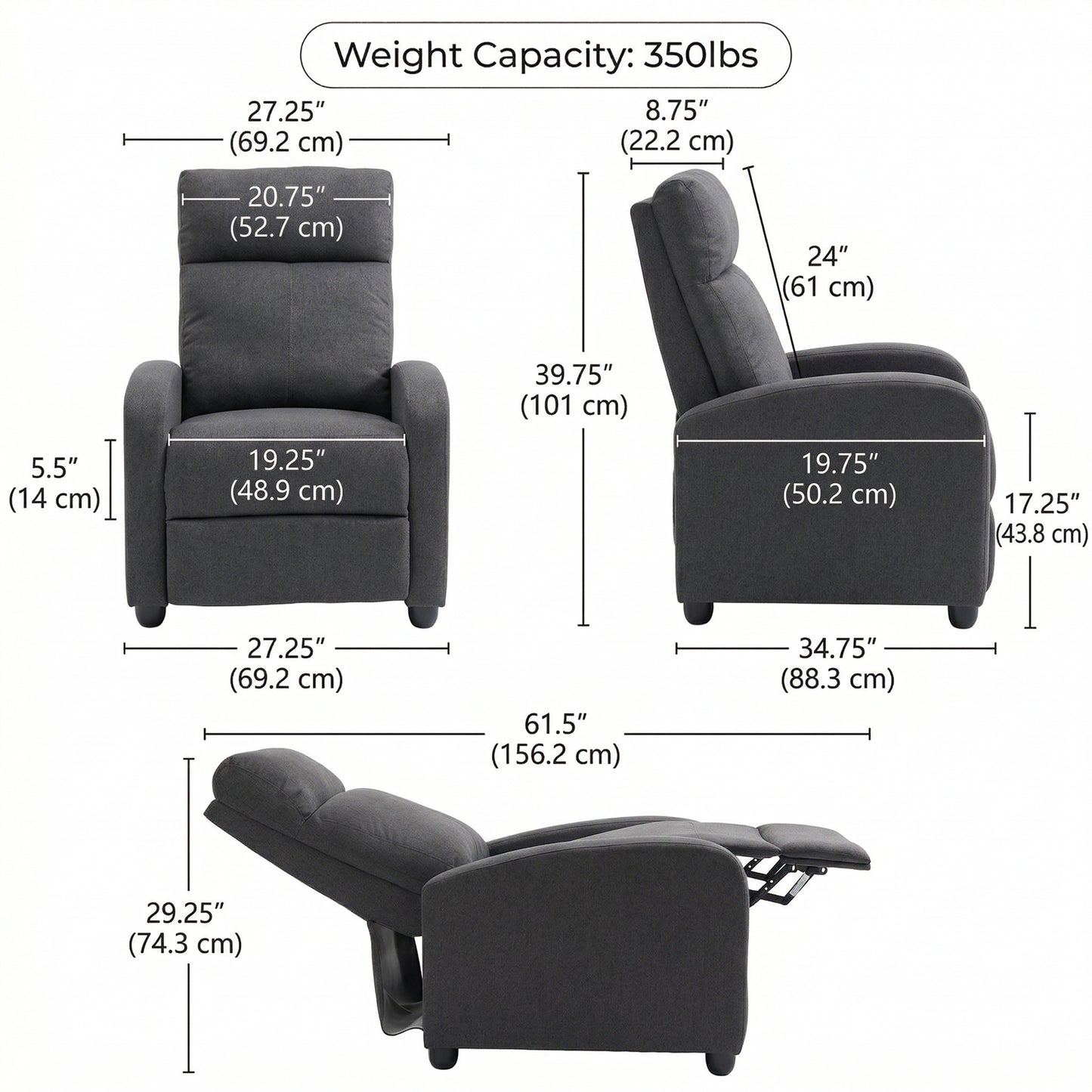 Fabric Recliner Sofa Manual Recliner, Home Theater Seating Single Reclining Sofa Chair with Padded Seat for Living Room, Dark Grey