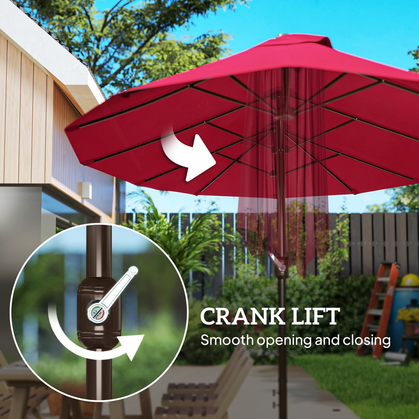 15' Outdoor Patio Umbrella with Twin Canopy Sunshade Steel Table Umbrella with Lift Crank, Cross base, Sandbag, Wine Red