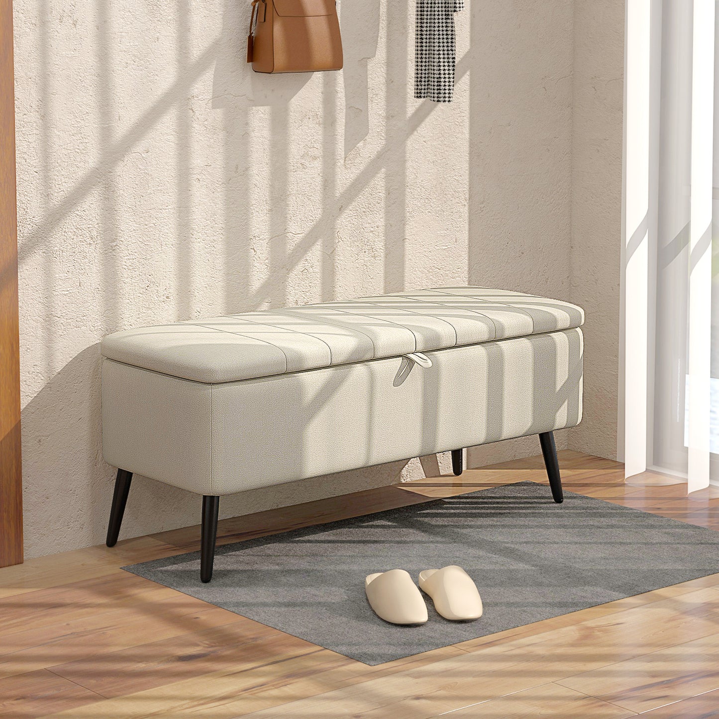 40" Ottoman with Storage, Linen Upholstered Storage Ottoman Bench with Steel Legs for Living Room, Bedroom Cream White