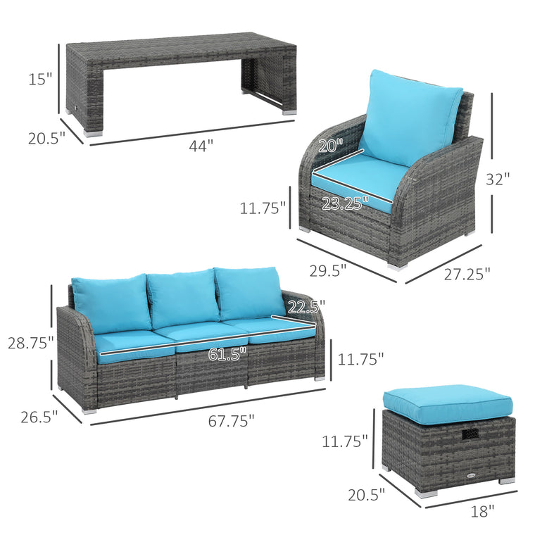 Sky Blue 6-Piece Wicker Sectional Set with Recliners