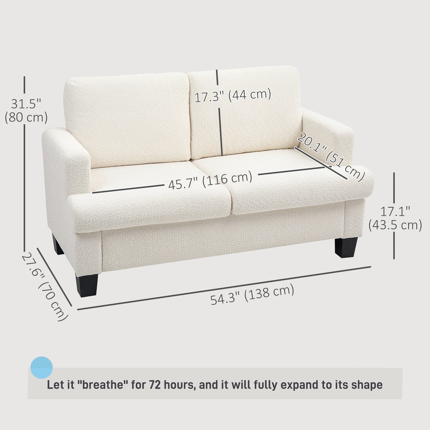 54.3" Loveseat Sofa, 2 Seater Sofa with Removable Cushions, Small Couch with Wood Frame for Living Room, Cream White