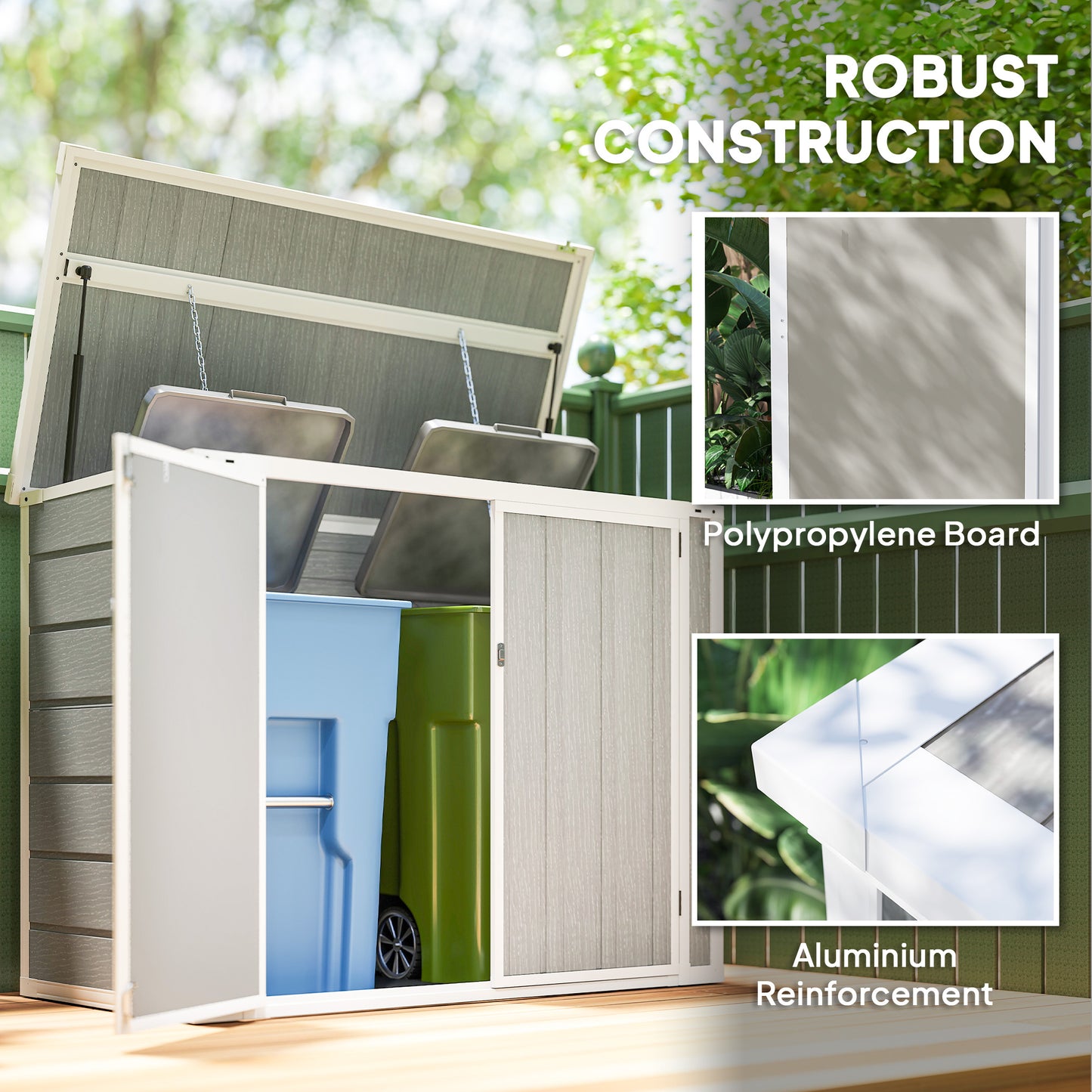 41 Cu. Ft. Outdoor Storage Shed, Outdoor Horizontal Trash Can Storage with Chain Lid, Lockable Storage Box, Light Grey