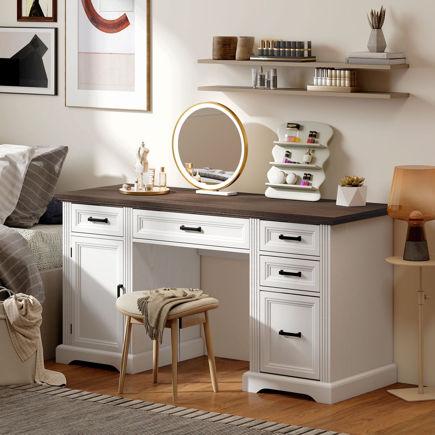 58" Home Office Desk with Soft-Close Drawers, Farmhouse Executive Desk with File Drawer for Letter Size, White
