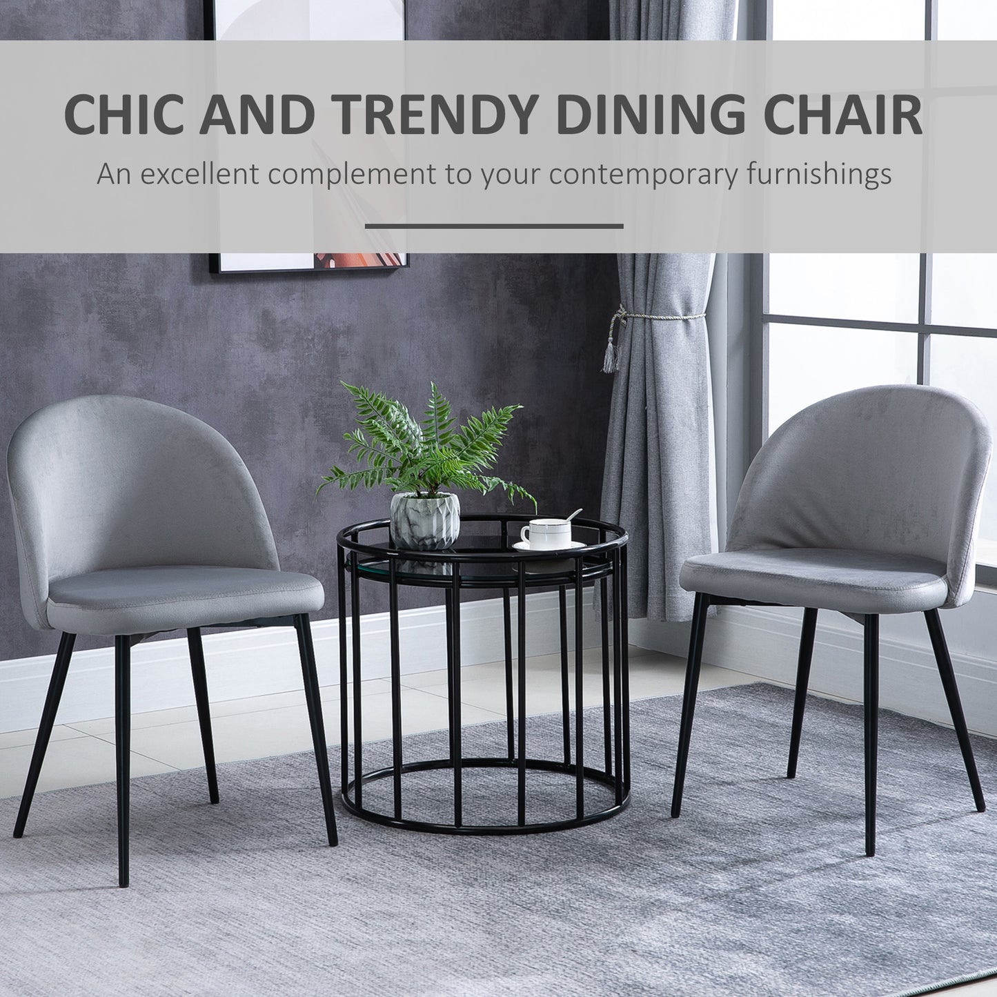 Set of 2 Mid-Back Dining Chairs, Velvet-touch Upholstered Kitchen Chairs for Living Room and Dining Room, Grey