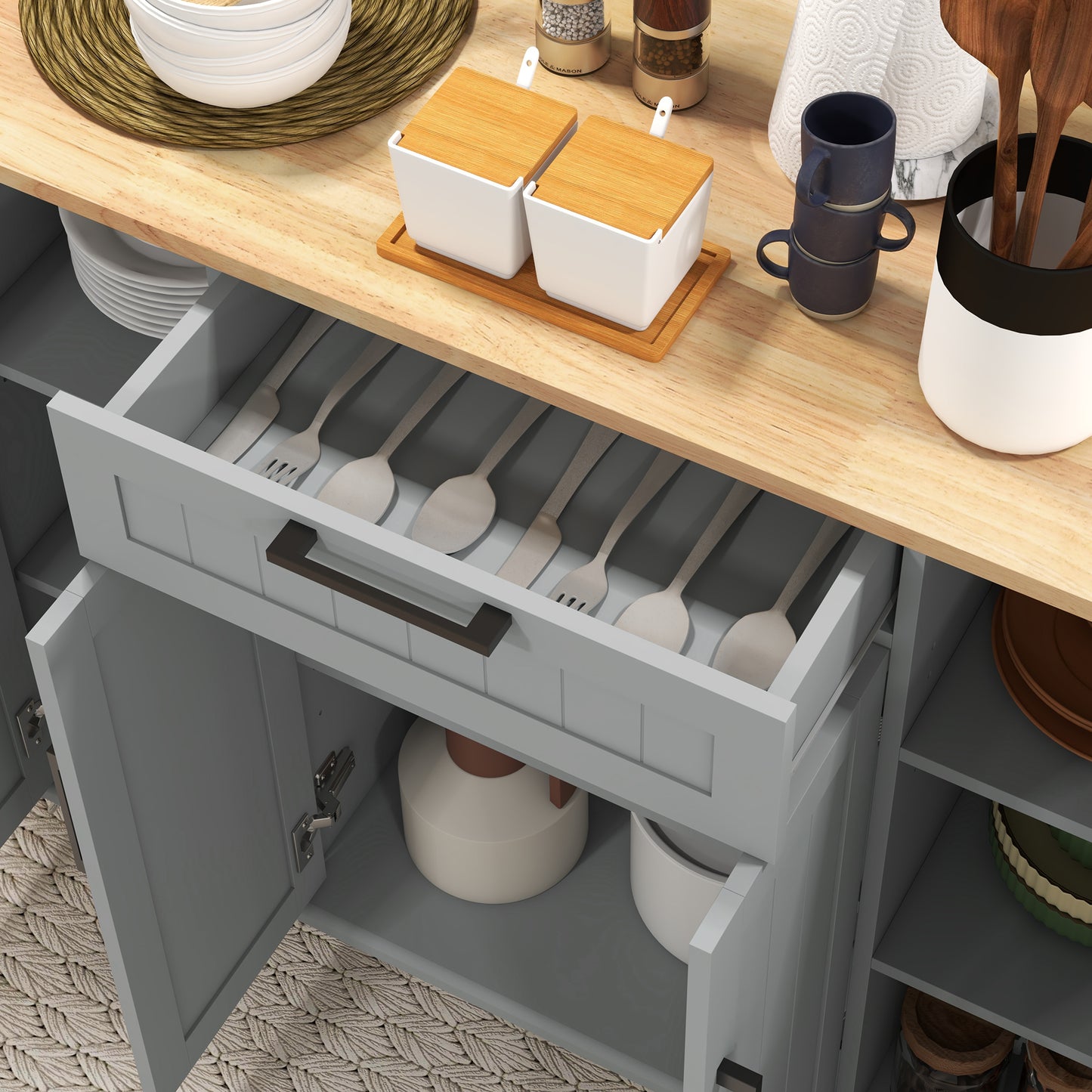 Modern Rolling Kitchen Island Cart with Drawers, Natural Wood Top, Towel Rack, Door Storage Cabinet, Grey