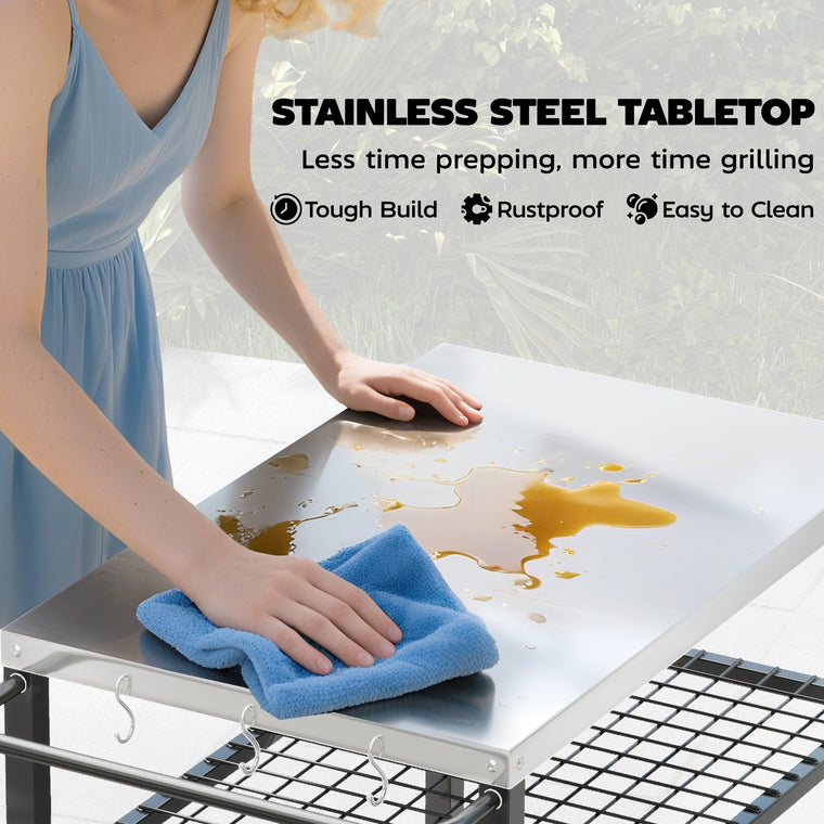 Black 2-Shelf Pizza Oven Stand with Stainless Steel Top