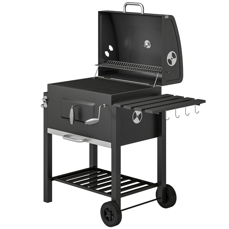 Stainless Steel Charcoal BBQ Trolley with Side Shelf & Wheels