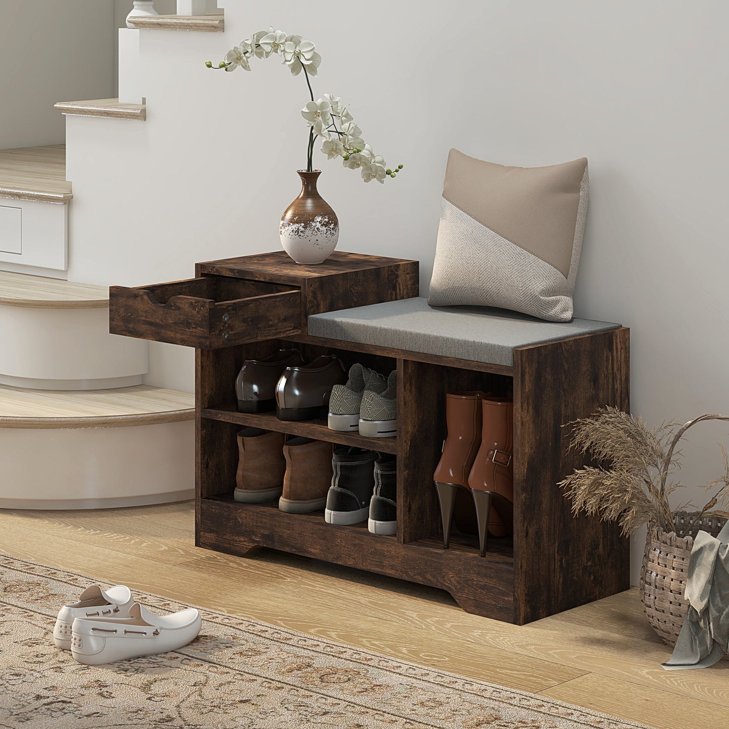Upholstered Shoe Storage Bench, Hallway Shoe Storage with Seat, Drawer, 3 Open Shelves for Entryway, Rustic Brown