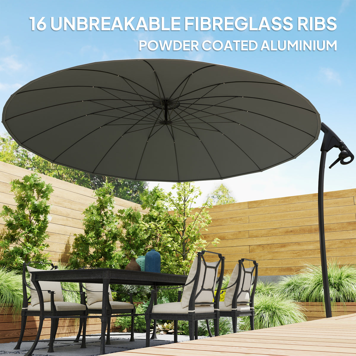 9FT Grey Cantilever Umbrella with 16 Fibreglass Ribs
