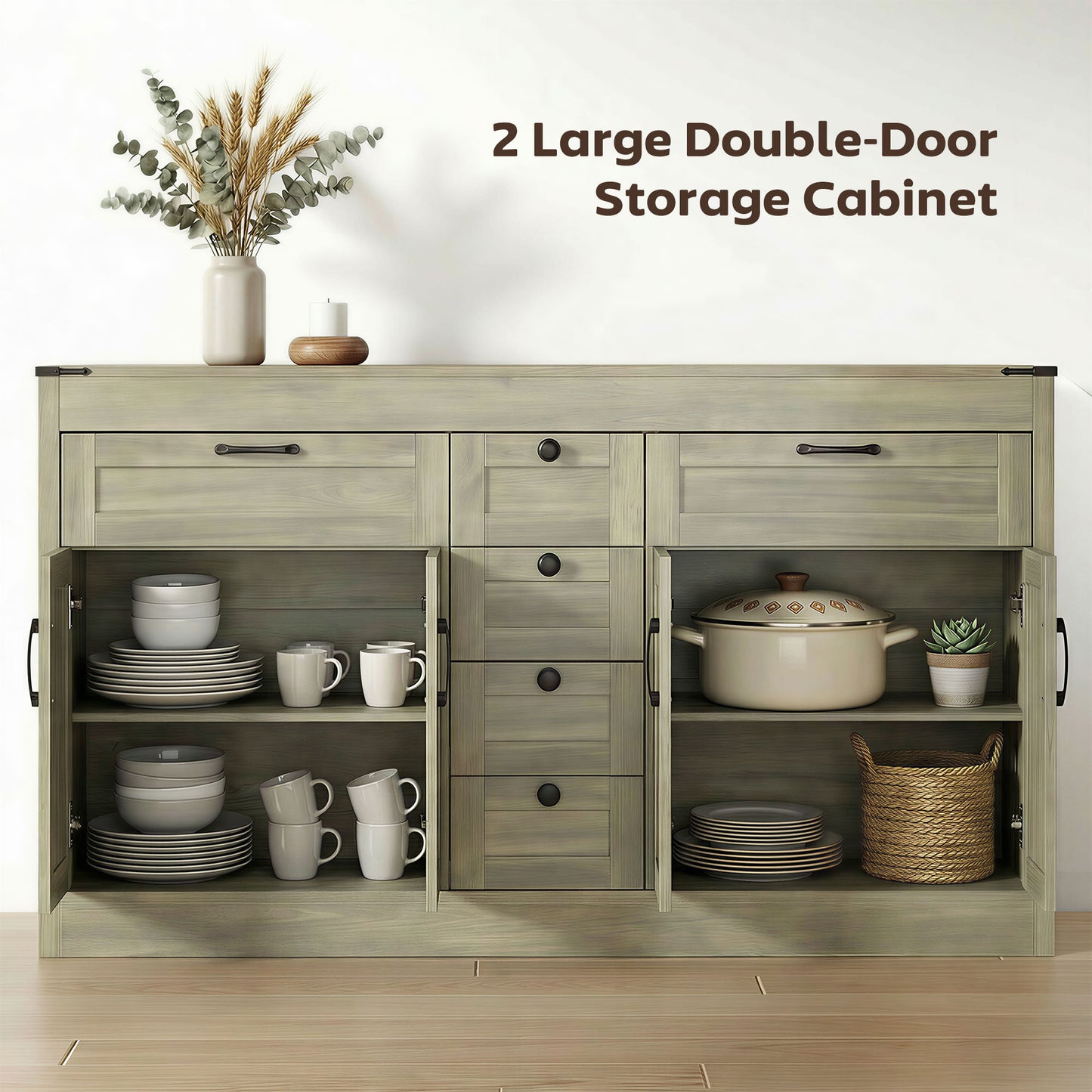 Sideboard Buffet Cabinet, 55" Farmhouse Kitchen Cabinet with 4 Barn Doors, 6 Drawers and 2 Adjustable Shelves, Grey