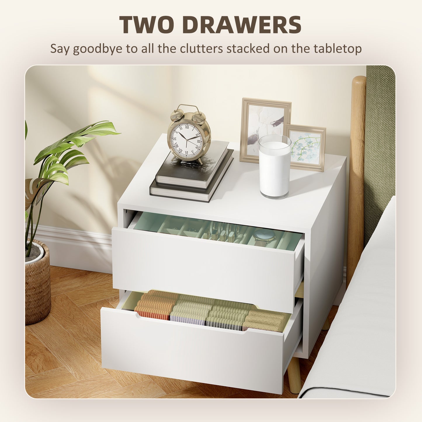 Nightstands Set of 2, Bedside Table with 2 Drawers, Modern Side End Table with Solid Wood Legs for Bedroom, White