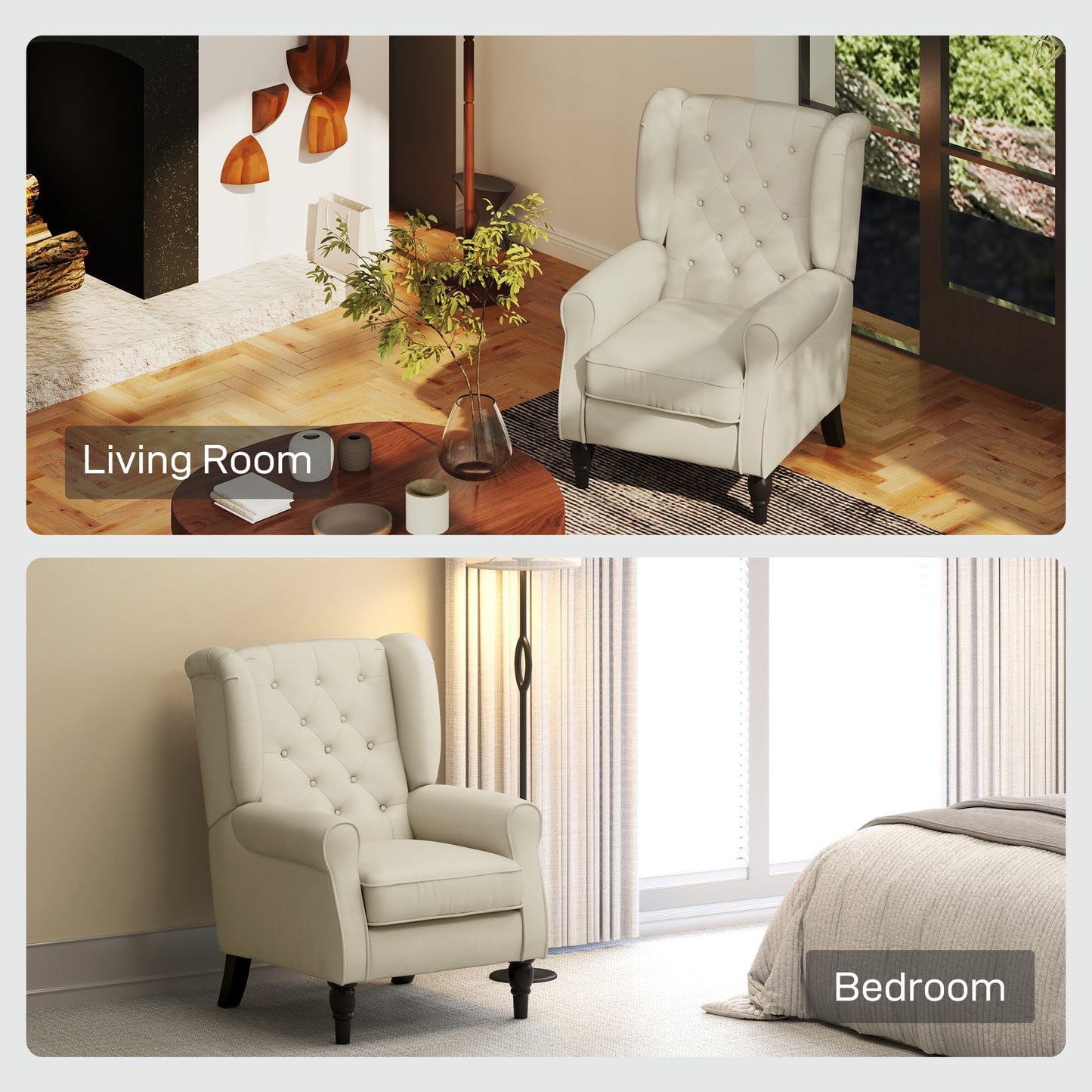 Fabric Accent Chair, Button Tufted Armchair, Upholstered Modern Living Room Chair, Wingback Chair with Wood Legs, Rolled Arms, Thick Padding for Bedroom, White