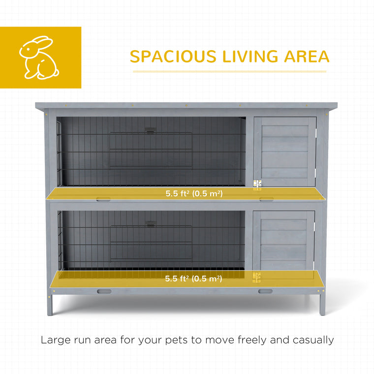 2-Tier Grey Wooden Rabbit Hutch with Run