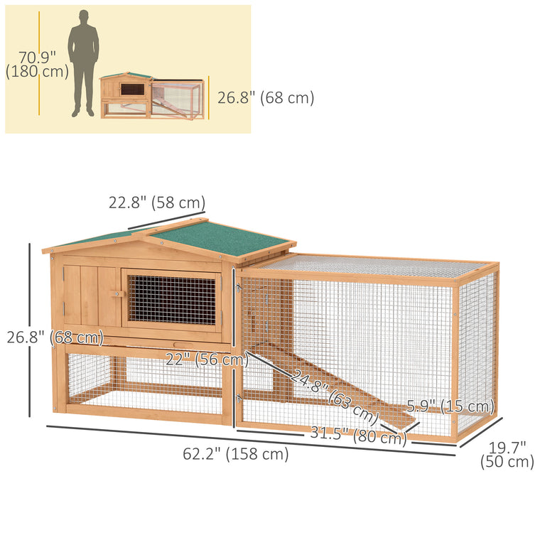62"L 2-Story Natural Rabbit Hutch with Detachable Run