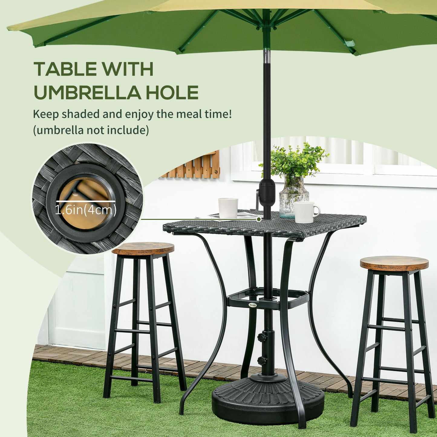 Patio Wicker Dining Table with Umbrella Hole, 34 Inch Outdoor PE Rattan Coffee Table with Plastic Board Under the Woven Table Top for Patio, Garden, Balcony, Mixed Brown