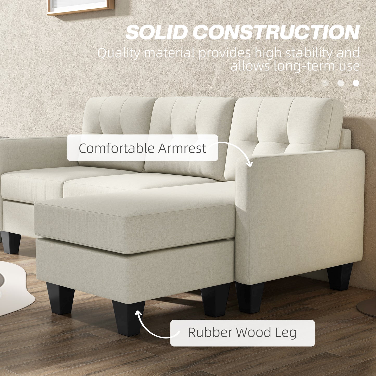L-shaped Sofa, 3 Seater Sectional Couch with Ottoman, Corner Sofa with Thick Padded Cushion and Wood Legs, Beige