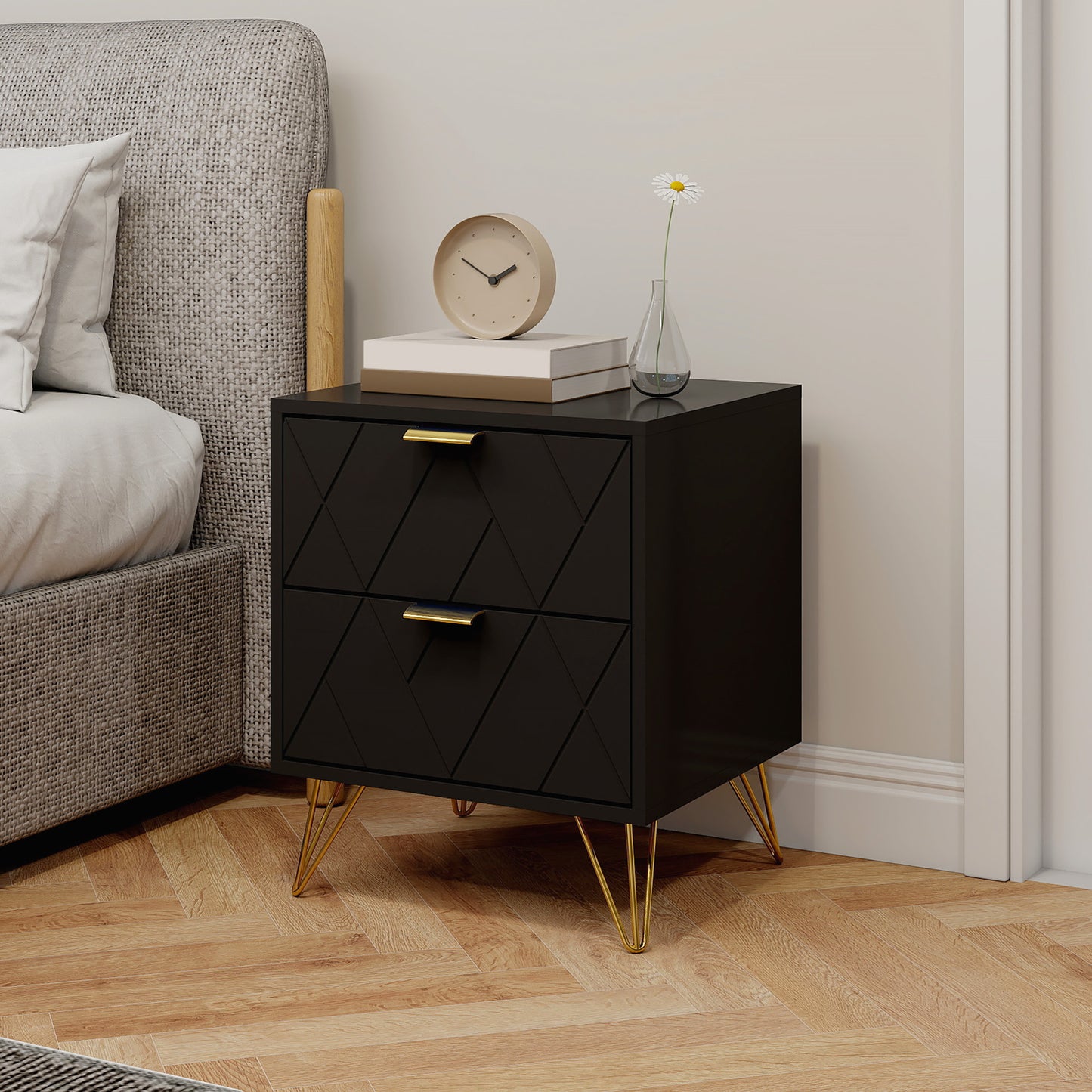 Modern Bedside Table, Accent Nightstand with 2 Drawers, Bed End Table for Bedroom, Black