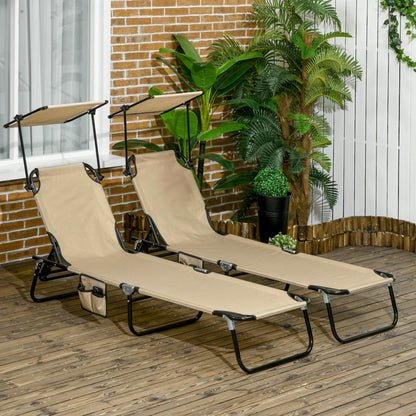 2 Piece Folding Outdoor Chaise Lounges, Pool Tanning Chairs with Reclining Back, Sunshade for Beach, Patio, Dark Grey - Tan