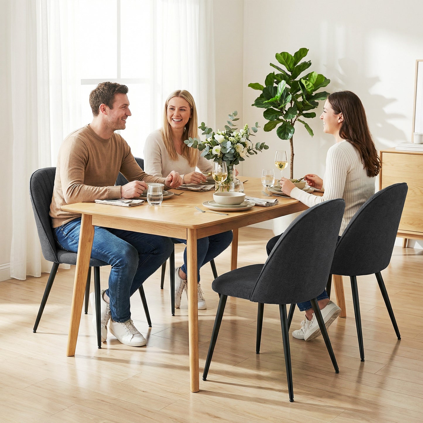 Set of 4 Modern Dining Chairs, Velvet Upholstered Kitchen Chairs with Steel Legs for Living Room, Black