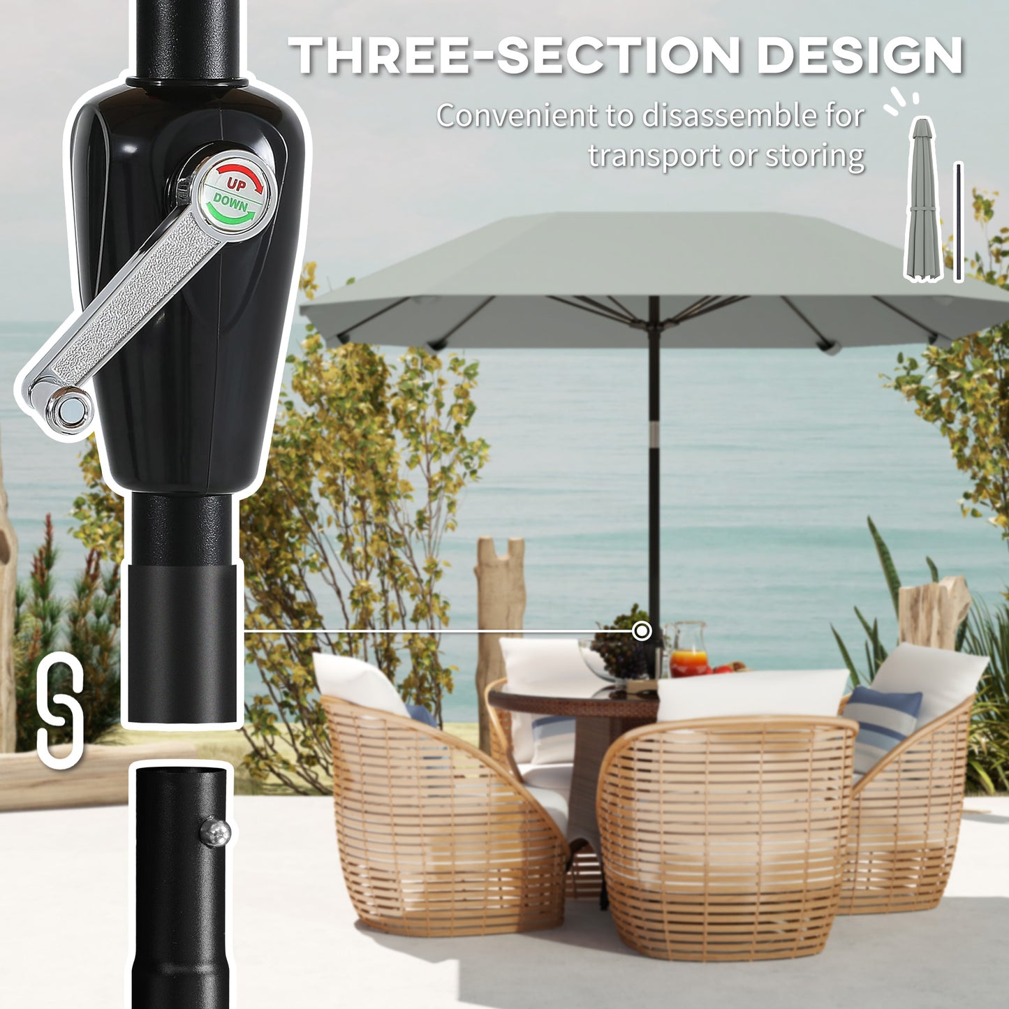 7.6FT Aluminum Patio Umbrella Parasol 8 Ribs Outdoor Market Umbrella with Crank, Push Button Tilt for Deck, Backyard and Lawn, Light Grey