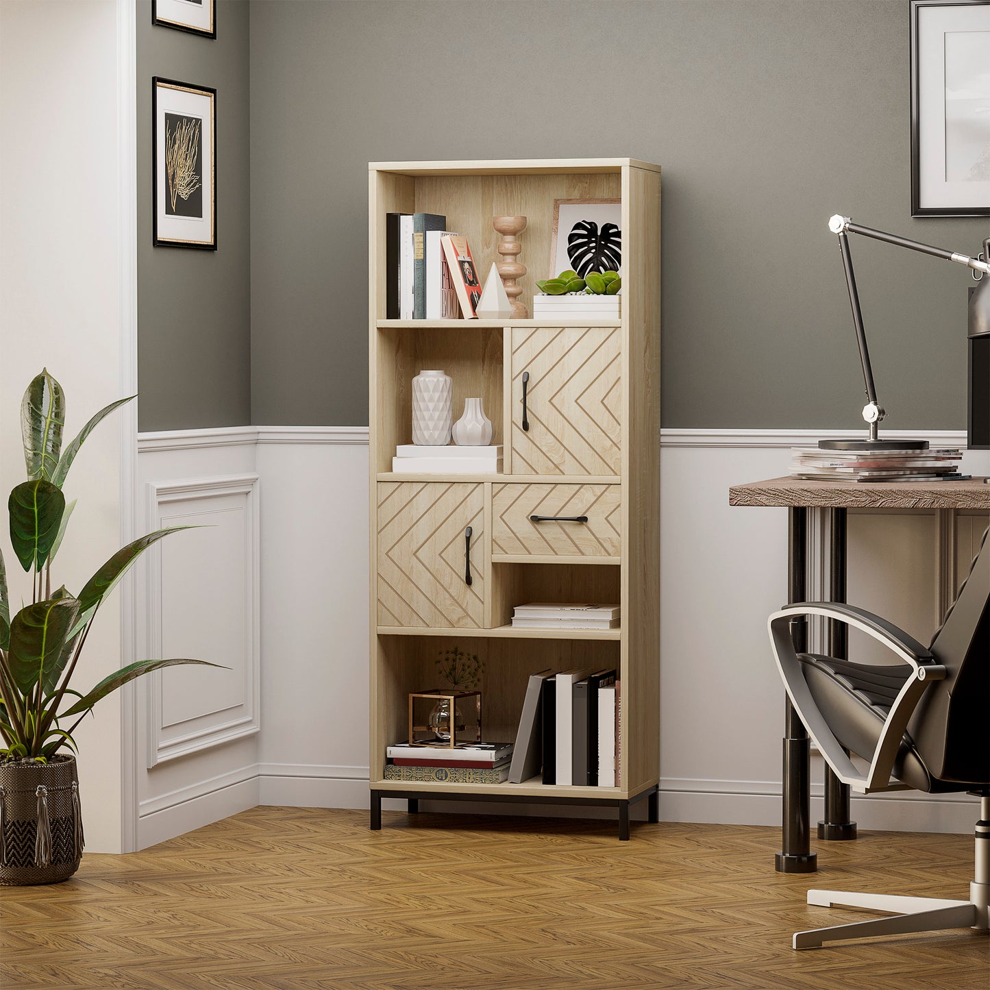 59" Bookcase, Storage Bookshelf with Cabinets, Drawer and Open Compartments, Freestanding Display Shelves for Home Office, Living Room, Study, Nature Wood