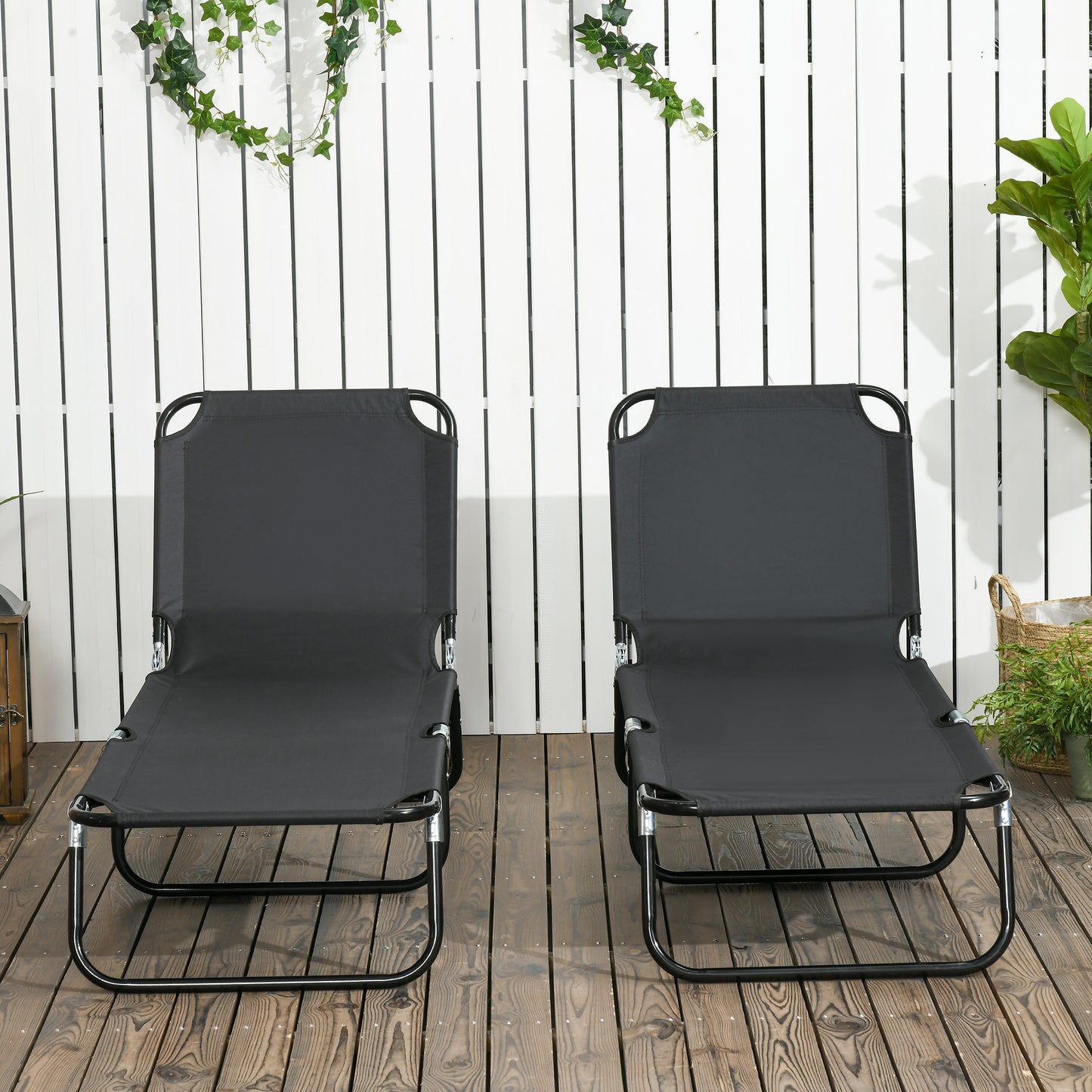 Set of 2 Folding Outdoor Lounge Chair, Sun Tanning Chairs with Reclining Back, Breathable Mesh for Beach Patio, Grey