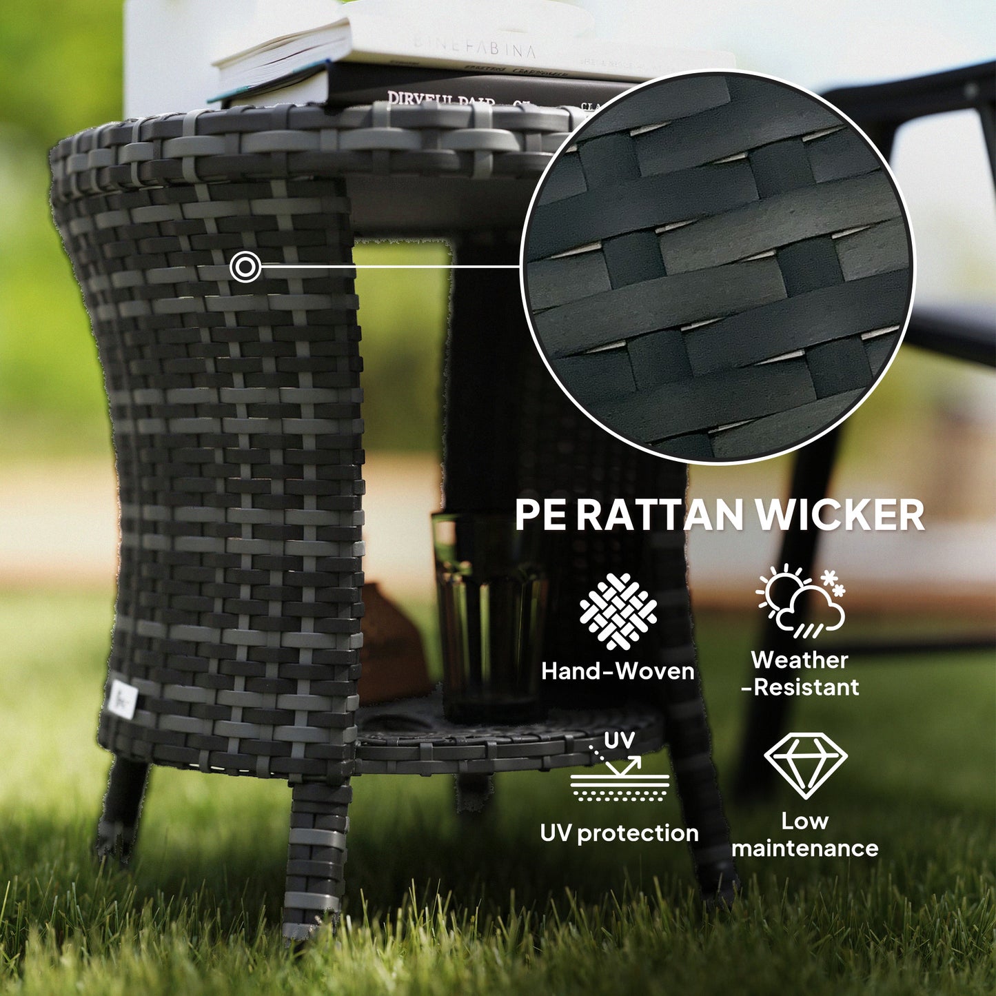 18" Wicker Outdoor Coffee Table, PE Rattan Patio Side Table with 2-Tier Storage, Composite Wood Top, Grey