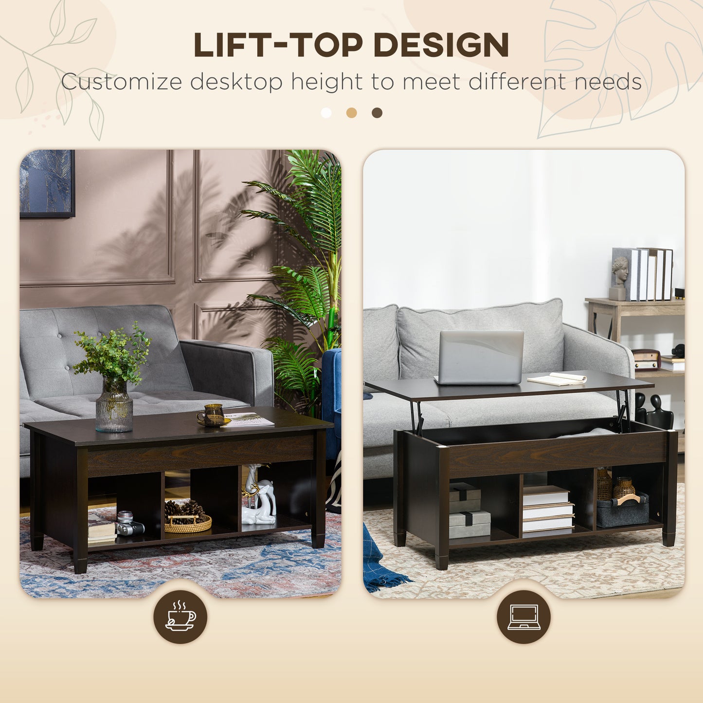 Lift Top Coffee Table, Modern Center Table with Storage Shelves and Hidden Compartment for Living Room, 41" L, Espresso
