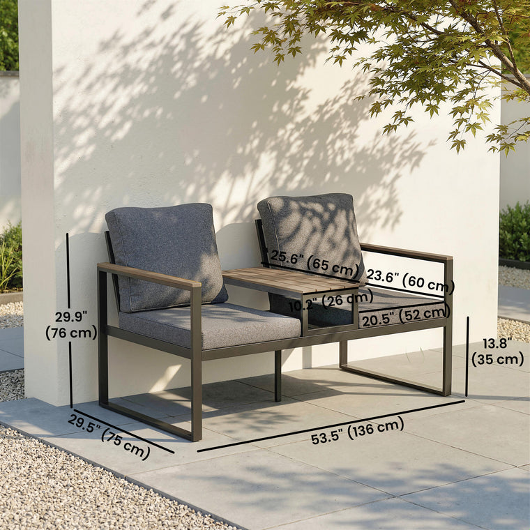 136cm Garden Bench with Integrated Table and Thick Cushions