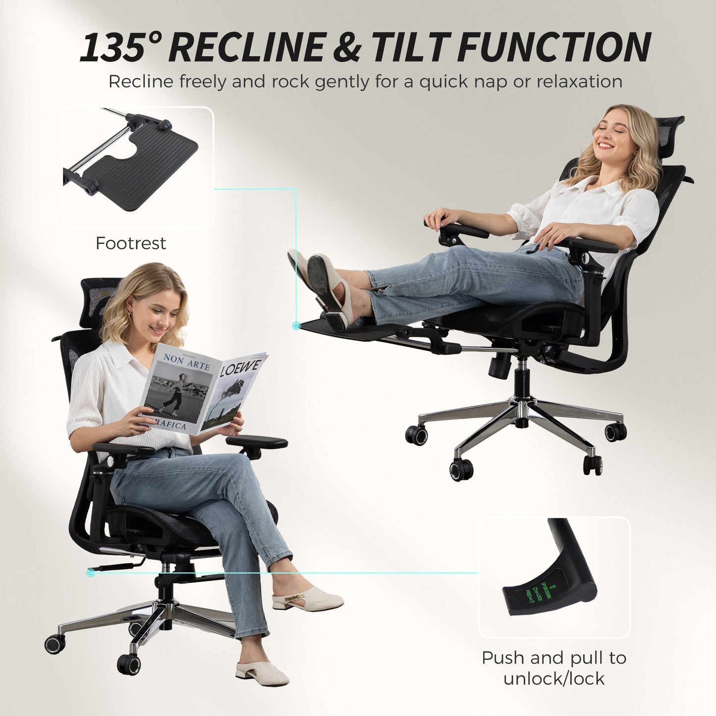 Ergonomic Office Chair, Mesh Computer Chair with High Back, Lumbar Support, 6D Armrests, Headrest, Footrest, Black