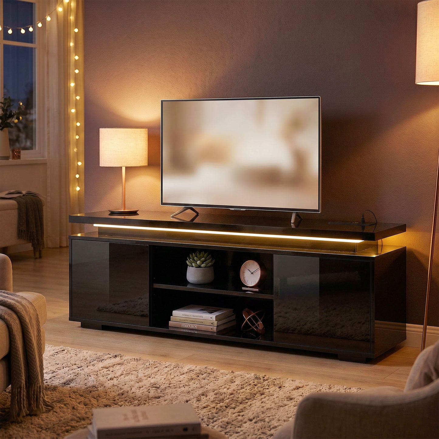 TV Stand for TVs up to 60 Inch, Modern Entertainment Center with LED Lights and Power Outlets, High Gloss Black